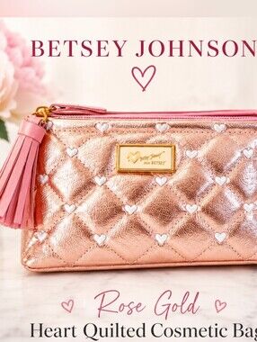 Betsey Johnson Rose Gold Heart Quilted Cosmetic Bag Makeup Tassel Zip Clutch